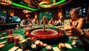 Engage with the excitement of gambling at dafar aresgacor with vibrant gaming tables and players at a casino scene.