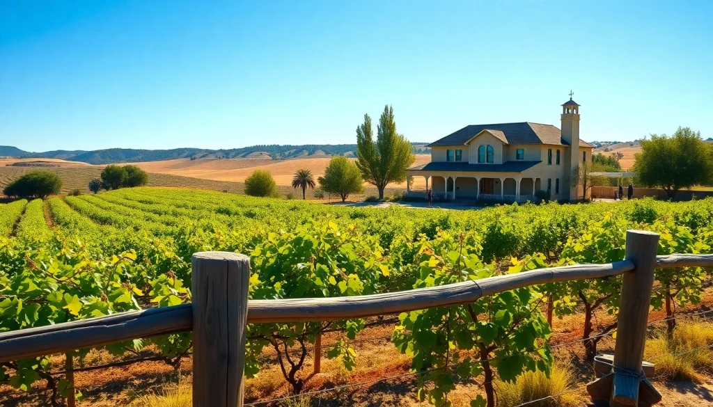 Scenic view of Clarksburg, California vineyards and vintage home under bright sunlight.
