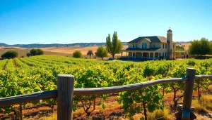 Scenic view of Clarksburg, California vineyards and vintage home under bright sunlight.