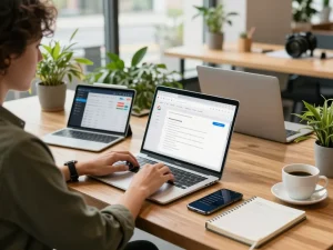 数字游牧者在充满活力的共享办公空间中使用谷歌浏览器，展示生产力和现代技术。