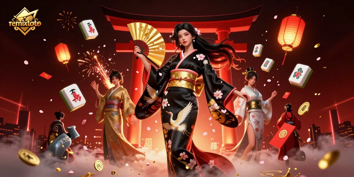Experience the excitement of remixtoto with a dynamic illustration of elegant Asian characters amidst floating mahjong tiles.