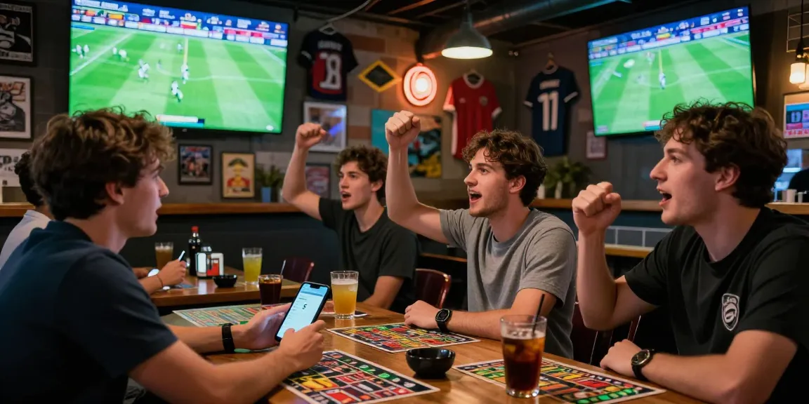 Tỷ lệ kèo nhà cái 5 analysis in an energetic sports bar setting during a live football match.