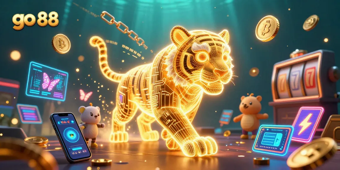 Spin and win at go 88 casino with a lively digital casino scene featuring golden tiger, coins, and slot reels.