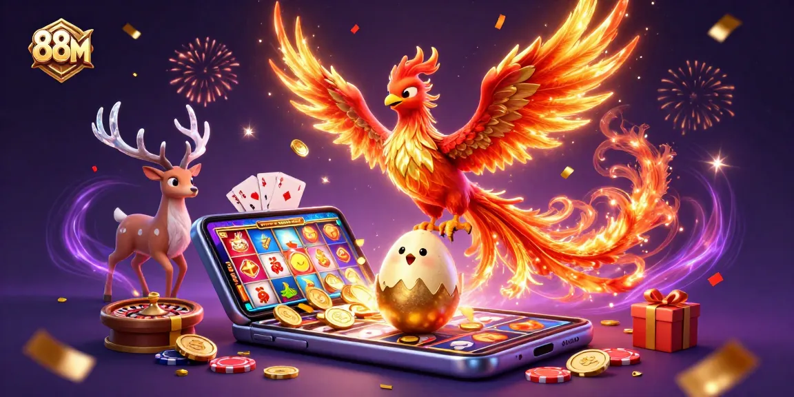 Experience the thrill of 88 M casino gaming with a vibrant phoenix scene filled with dynamic slots and treasures.