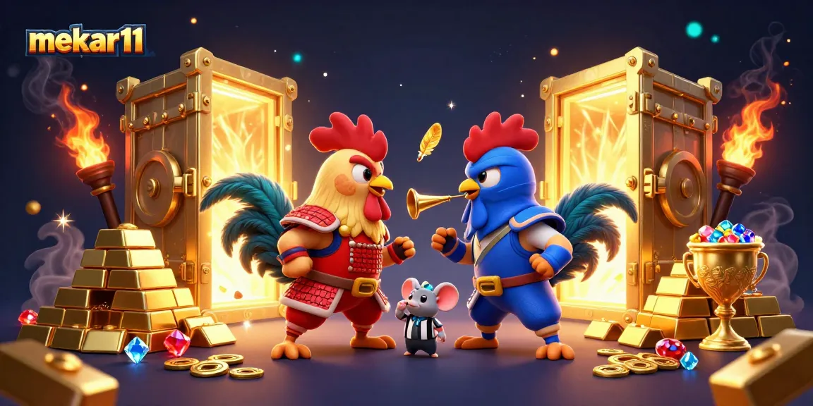 Engage with mekar11 in an action-packed gambling scene featuring colorfully armored roosters and treasure.