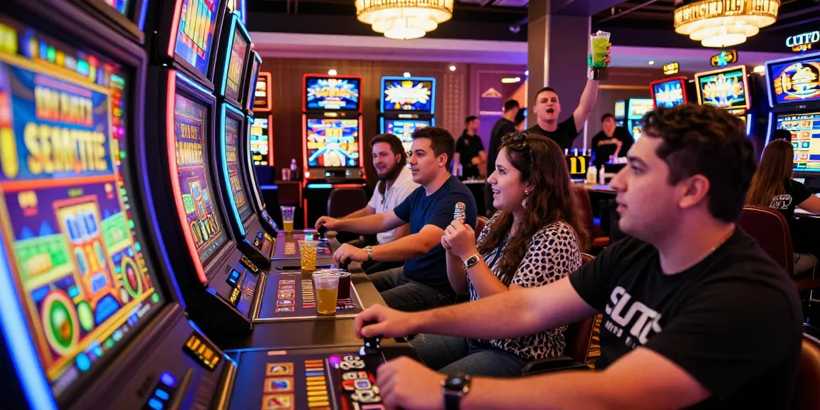Engaged players at slot machines in a thrilling SLOT777 online gaming scene, colorful lights and jackpot excitement.