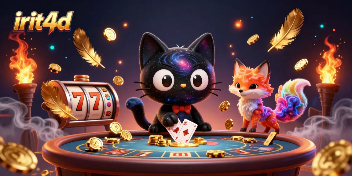 Engage with irit4d’s thrilling gaming scene featuring a cosmic cat and nebula fox pulling in golden chips.